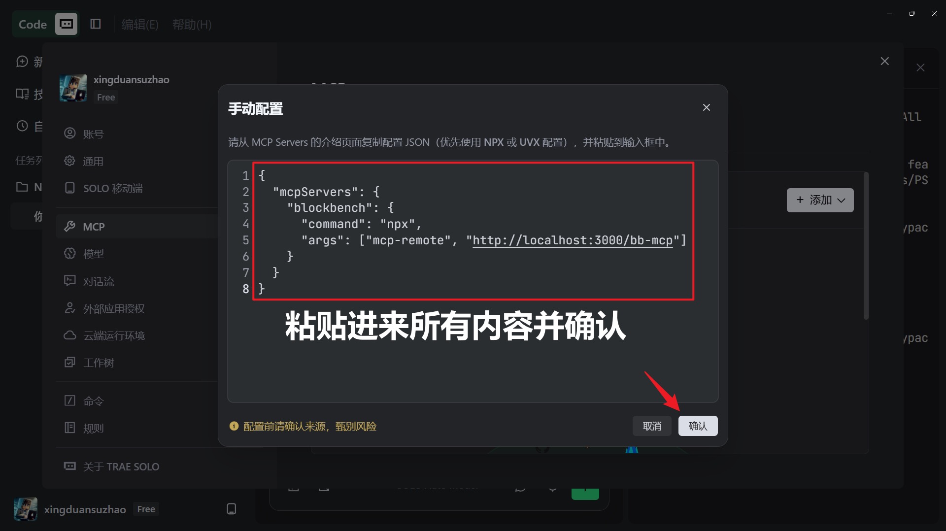 粘贴 MCP JSON 配置